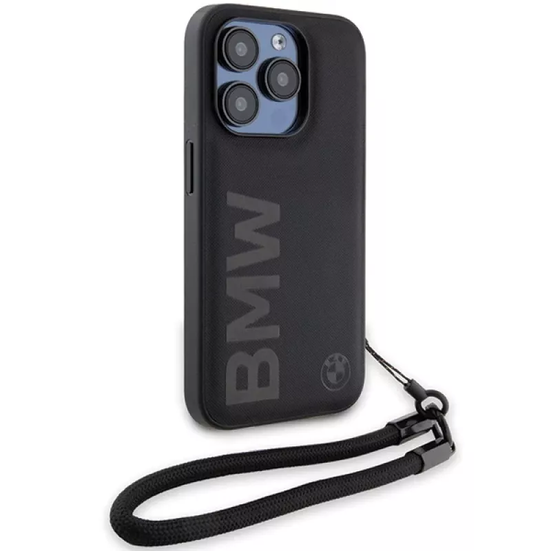BMW Signature Leather Wordmark Cord Hard Case für iPhone 15 Pro 6.1 Schwarz