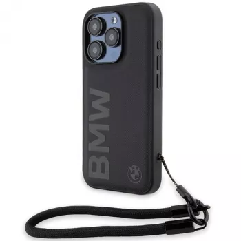 BMW Signature Leather Hard Case für iPhone 15 Pro Max 6,7 inch Schwarz mit Kordel