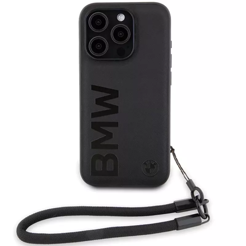 BMW Signature Leather Hard Case für iPhone 15 Pro Max 6,7 inch Schwarz mit Kordel