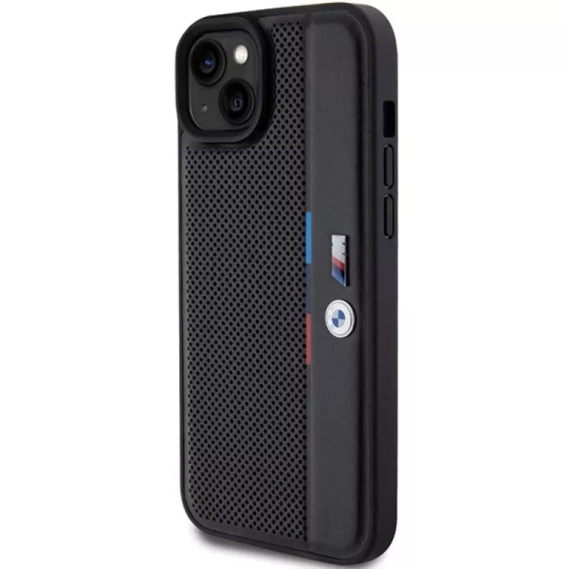 BMW M Collection Hardcase für iPhone 15 Plus / 14 Plus 6,7 inch Schwarz Perforiert Tricolor Line