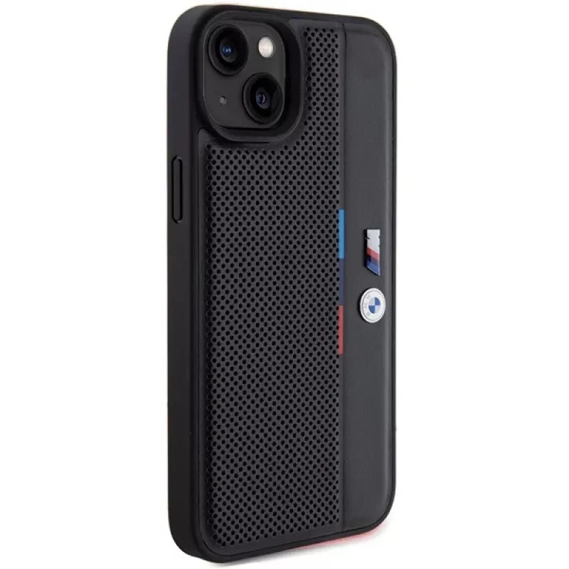 BMW M Collection Hardcase für iPhone 15 Plus / 14 Plus 6,7 inch Schwarz Perforiert Tricolor Line