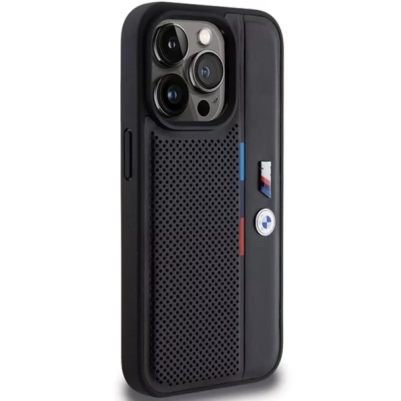 BMW Perforated Tricolor Line Hard Case für Apple iPhone 15 Pro 6.1 Schwarz