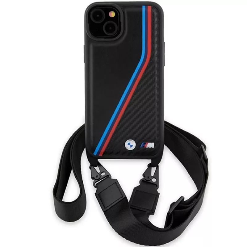 BMW BMHCP15S23PSVTK iPhone 15 / 14 / 13 Black Hardcase M Edition Carbon Tricolor Lines & Strap