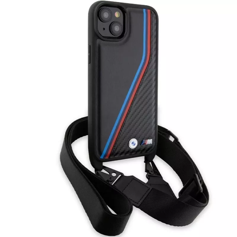 BMW M Edition Carbon Tricolor Lines Hardcase für iPhone 15 Plus / 14 Plus 6,7 inch Schwarz mit Trageband
