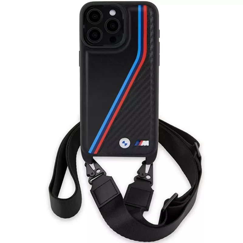 BMW M Edition Carbon Tricolor Lines Hard Case für Apple iPhone 15 Pro 6,1 inch Schwarz mit Trageband