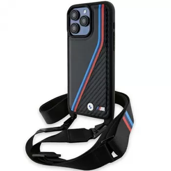 BMW M Edition Carbon Tricolor Lines Hard Case mit Handschlaufe für Apple iPhone 15 Pro Max 6,7 inch Schwarz