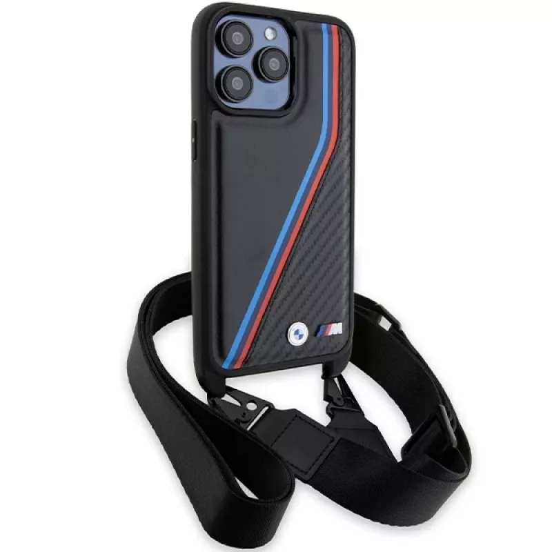 BMW M Edition Carbon Tricolor Lines Hard Case mit Handschlaufe für Apple iPhone 15 Pro Max 6,7 inch Schwarz