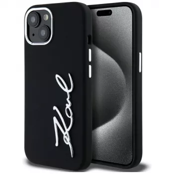 KARL LAGERFELD Silicone Metal Script Logo Case für Apple iPhone 15, Schwarz