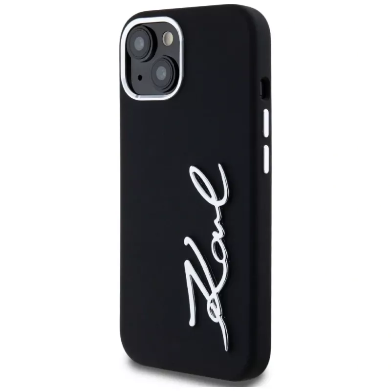 KARL LAGERFELD Silicone Metal Script Logo Case für Apple iPhone 15, Schwarz