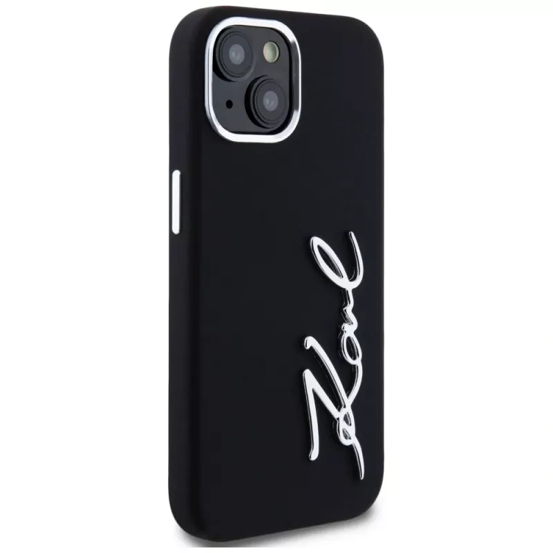 KARL LAGERFELD Silicone Metal Script Logo Case für Apple iPhone 15, Schwarz