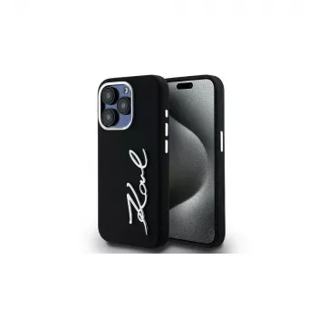 KARL LAGERFELD Silicone Metal Script Logo Case für Apple iPhone 15 Pro Max, Schwarz