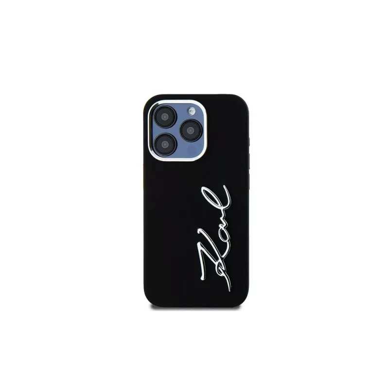 KARL LAGERFELD Silicone Metal Script Logo Case für Apple iPhone 15 Pro Max, Schwarz