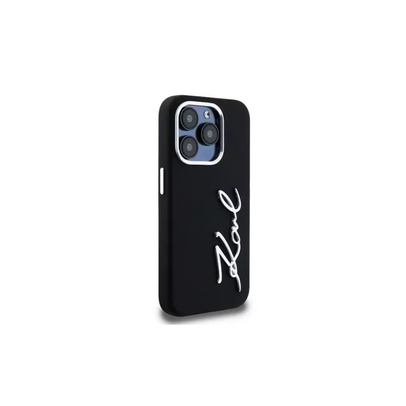 KARL LAGERFELD Silicone Metal Script Logo Case für Apple iPhone 15 Pro Max, Schwarz