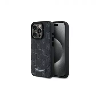 Karl Lagerfeld KLHMP15LPKHPORPK iPhone 15 Pro 6.1 Hardcase Black Leather Monogram Metal Logo MagSafe
