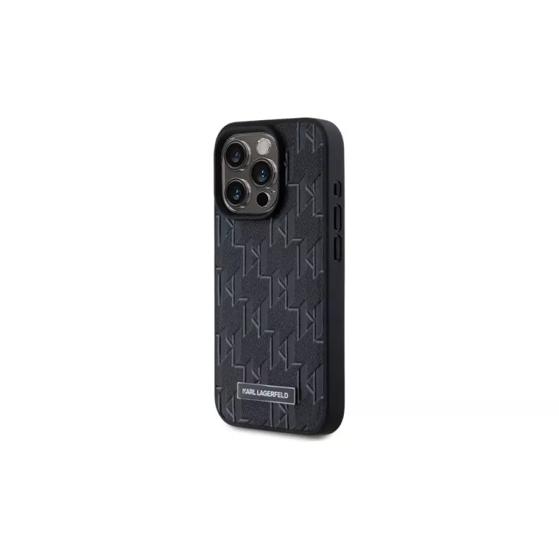 Karl Lagerfeld KLHMP15LPKHPORPK iPhone 15 Pro 6.1 Hardcase Black Leather Monogram Metal Logo MagSafe