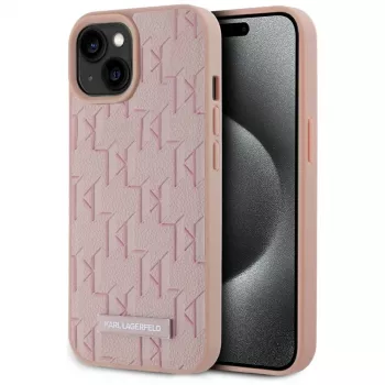 Karl Lagerfeld Leder Monogramm Metall Logo MagSafe Hülle für iPhone 15 Pink