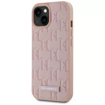 Karl Lagerfeld Leder Monogramm Metall Logo MagSafe Hülle für iPhone 15 Pink