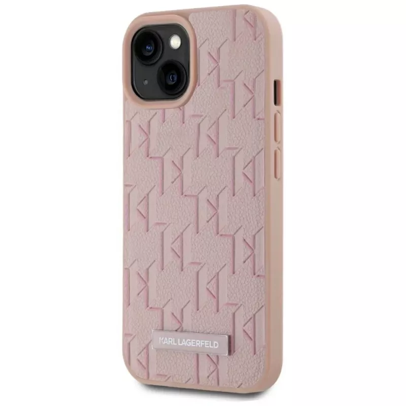 Karl Lagerfeld Leder Monogramm Metall Logo MagSafe Hülle für iPhone 15 Pink