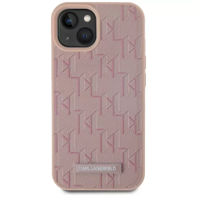 Karl Lagerfeld Leder Monogramm Metall Logo MagSafe Hülle für iPhone 15 Pink