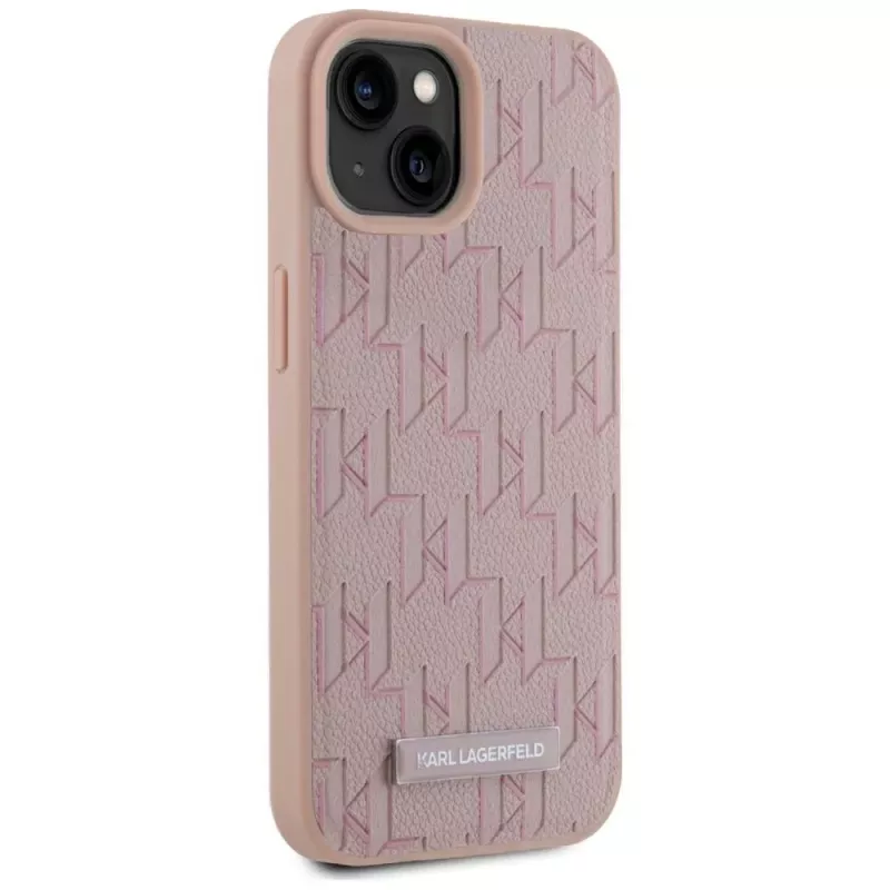 Karl Lagerfeld Leder Monogramm Metall Logo MagSafe Hülle für iPhone 15 Pink
