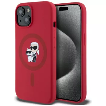 KARL LAGERFELD Silikonhülle für iPhone 15 mit MagSafe und Ringhalter - Karl & Choupette Heads - Rot