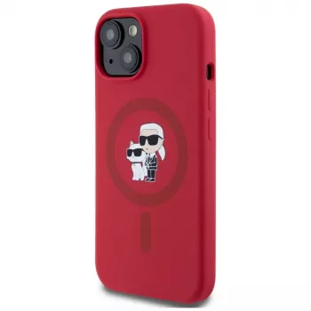 KARL LAGERFELD Silikonhülle für iPhone 15 mit MagSafe und Ringhalter - Karl & Choupette Heads - Rot