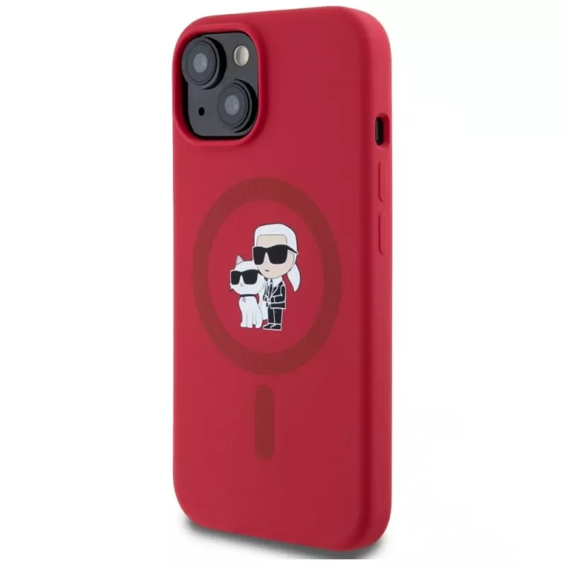 KARL LAGERFELD Silikonhülle für iPhone 15 mit MagSafe und Ringhalter - Karl & Choupette Heads - Rot