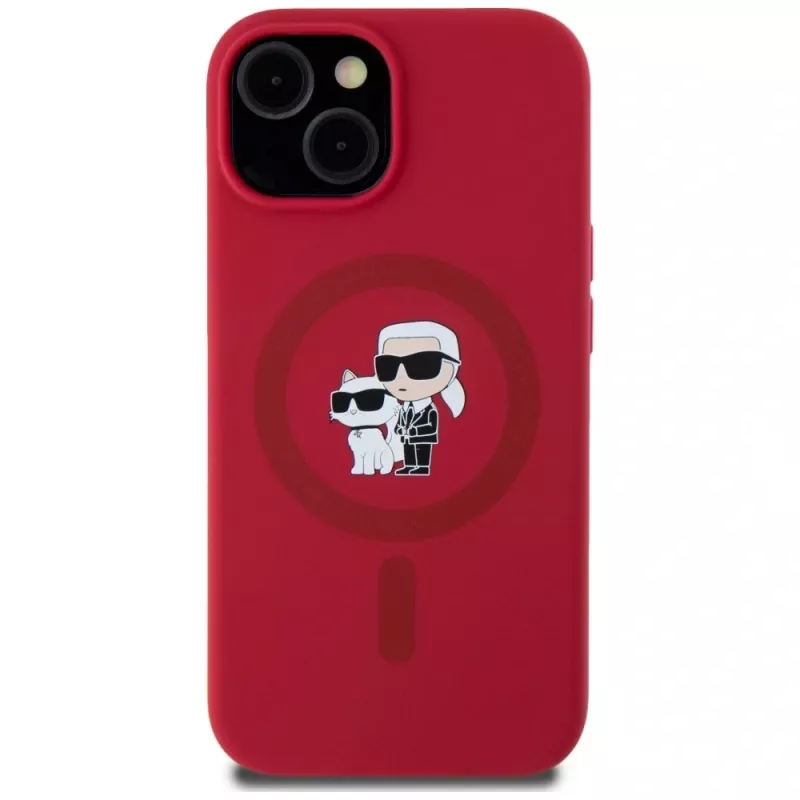 KARL LAGERFELD Silikonhülle für iPhone 15 mit MagSafe und Ringhalter - Karl & Choupette Heads - Rot