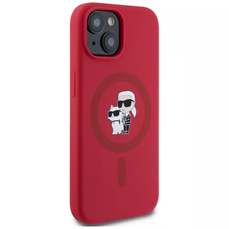 KARL LAGERFELD Silikonhülle für iPhone 15 mit MagSafe und Ringhalter - Karl & Choupette Heads - Rot