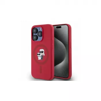 Karl Lagerfeld KLHMP15LSCMKCRHR iPhone 15 Pro 6.1 Rote Silikon-Hülle mit Karl & Choupette Köpfen Ring MagSafe