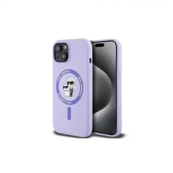 Karl Lagerfeld KLHMP15SSCMKCRHU iPhone 15 6,1 Zoll Lila Silikon Hartschalenhülle mit Karl & Choupette Köpfe Ring und MagSafe