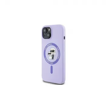 Karl Lagerfeld KLHMP15SSCMKCRHU iPhone 15 6,1 Zoll Lila Silikon Hartschalenhülle mit Karl & Choupette Köpfe Ring und MagSafe