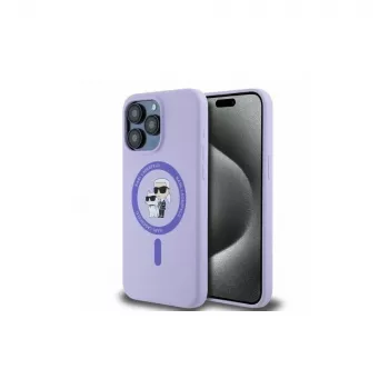 Karl Lagerfeld iPhone 15 Pro Max 6,7 inch Lila Silikon-Hardcase mit Karl & Choupette Köpfen Ring MagSafe