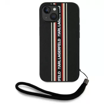 KARL LAGERFELD Saffiano Athleisure Stripes Cord Case für iPhone 15, Schwarz-Rot