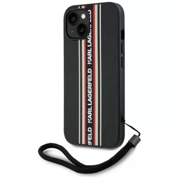 KARL LAGERFELD Saffiano Athleisure Stripes Cord Case für iPhone 15, Schwarz-Rot