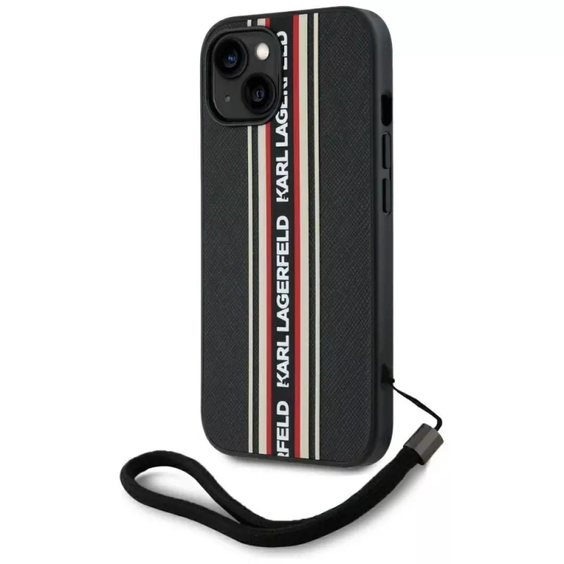 KARL LAGERFELD Saffiano Athleisure Stripes Cord Case für iPhone 15, Schwarz-Rot