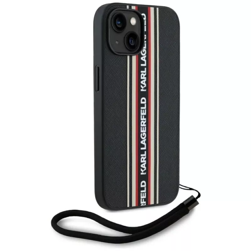 KARL LAGERFELD Saffiano Athleisure Stripes Cord Case für iPhone 15, Schwarz-Rot