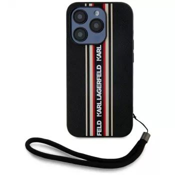 KARL LAGERFELD Saffiano Athleisure Stripes Cord Case für iPhone 15 Pro, Schwarz/Rot