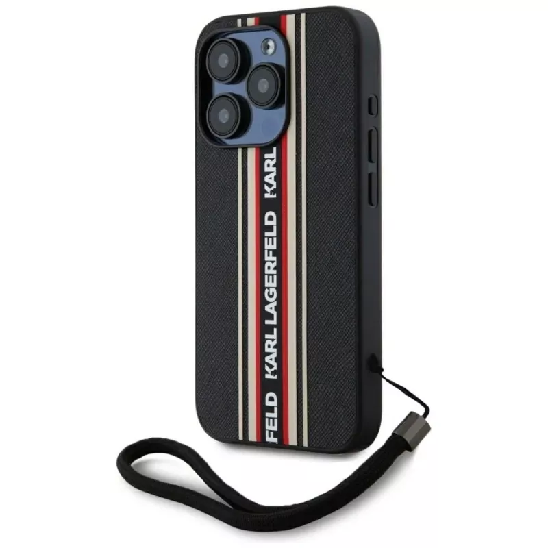 KARL LAGERFELD Saffiano Athleisure Stripes Cord Case für iPhone 15 Pro, Schwarz/Rot