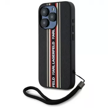KARL LAGERFELD Saffiano AthleisureStripes Cord Case für iPhone 15 Pro Max, Schwarz/Rot