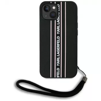Karl Lagerfeld Saffiano Athleisure Stripes Cord Case für iPhone 15, Schwarz-Pink