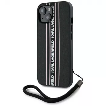 Karl Lagerfeld Saffiano Athleisure Stripes Cord Case für iPhone 15, Schwarz-Pink