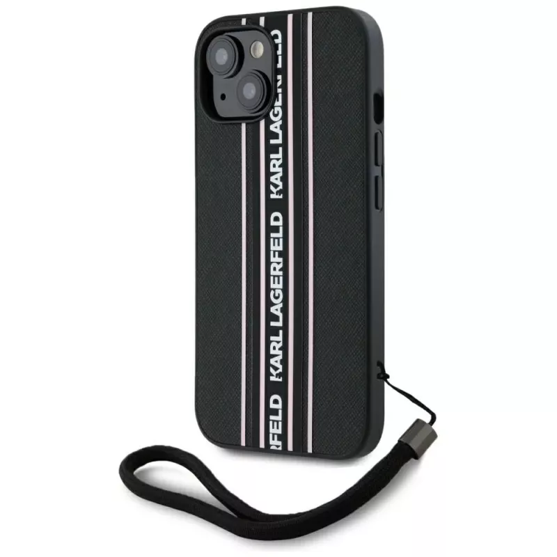 Karl Lagerfeld Saffiano Athleisure Stripes Cord Case für iPhone 15, Schwarz-Pink