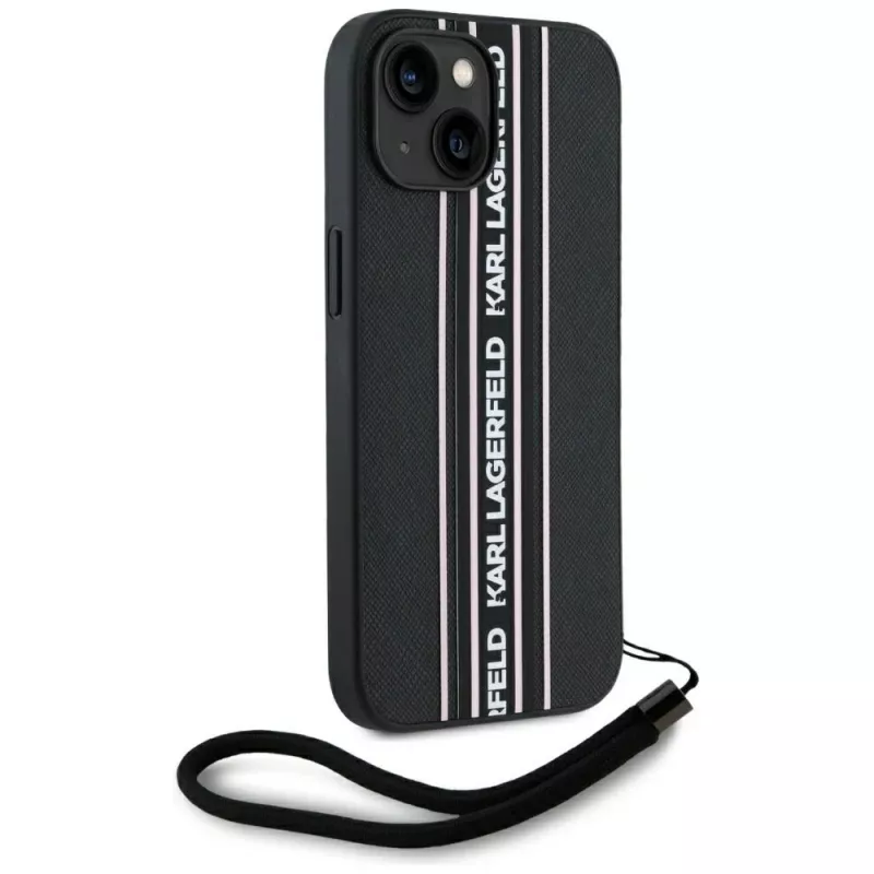 Karl Lagerfeld Saffiano Athleisure Stripes Cord Case für iPhone 15, Schwarz-Pink