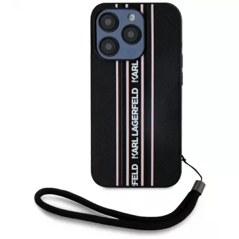KARL LAGERFELD Saffiano Athleisure Stripes Cord Case für iPhone 15 Pro, Schwarz/Rosa