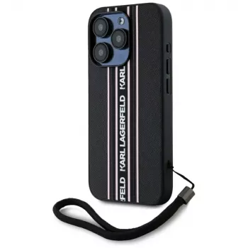 KARL LAGERFELD Saffiano Athleisure Stripes Cord Case für iPhone 15 Pro, Schwarz/Rosa