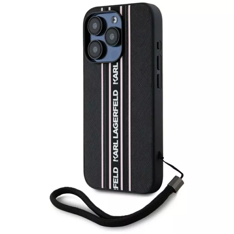 KARL LAGERFELD Saffiano Athleisure Stripes Cord Case für iPhone 15 Pro, Schwarz/Rosa