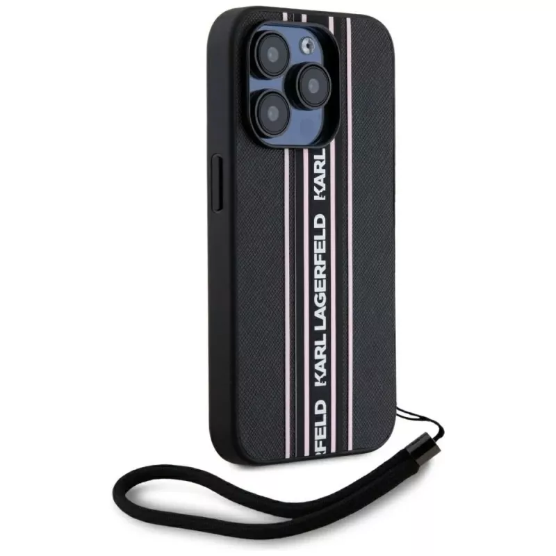 KARL LAGERFELD Saffiano Athleisure Stripes Cord Case für iPhone 15 Pro, Schwarz/Rosa