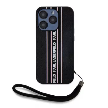 Karl Lagerfeld Saffiano AthleisureStripes Cord Case für iPhone 15 Pro Max Schwarz Pink
