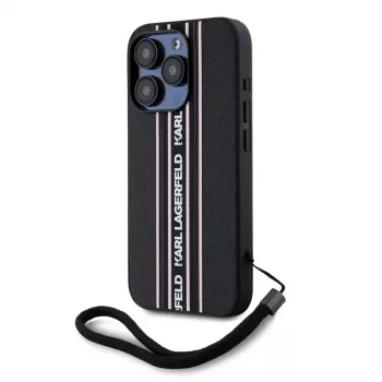 Karl Lagerfeld Saffiano AthleisureStripes Cord Case für iPhone 15 Pro Max Schwarz Pink